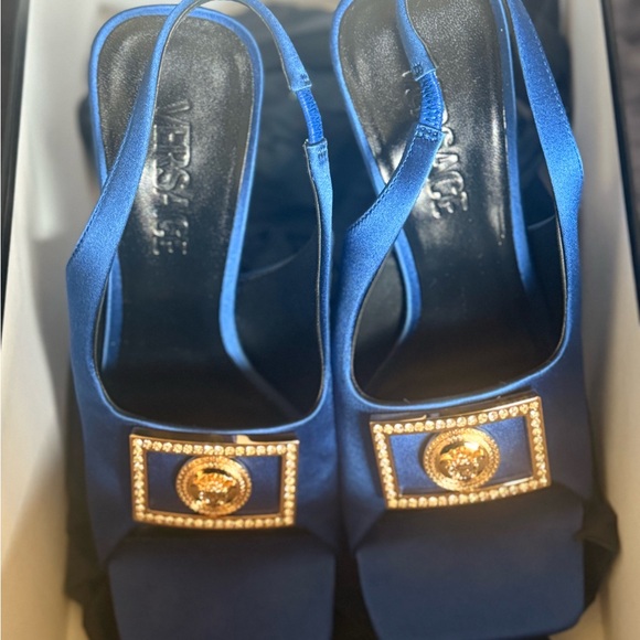 Versace Blue Heels with Gold Medallion